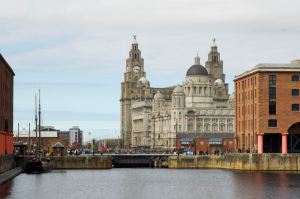 The Albert Docks in Liverpool with the Liver Building in the background with its famous LIver Birds
