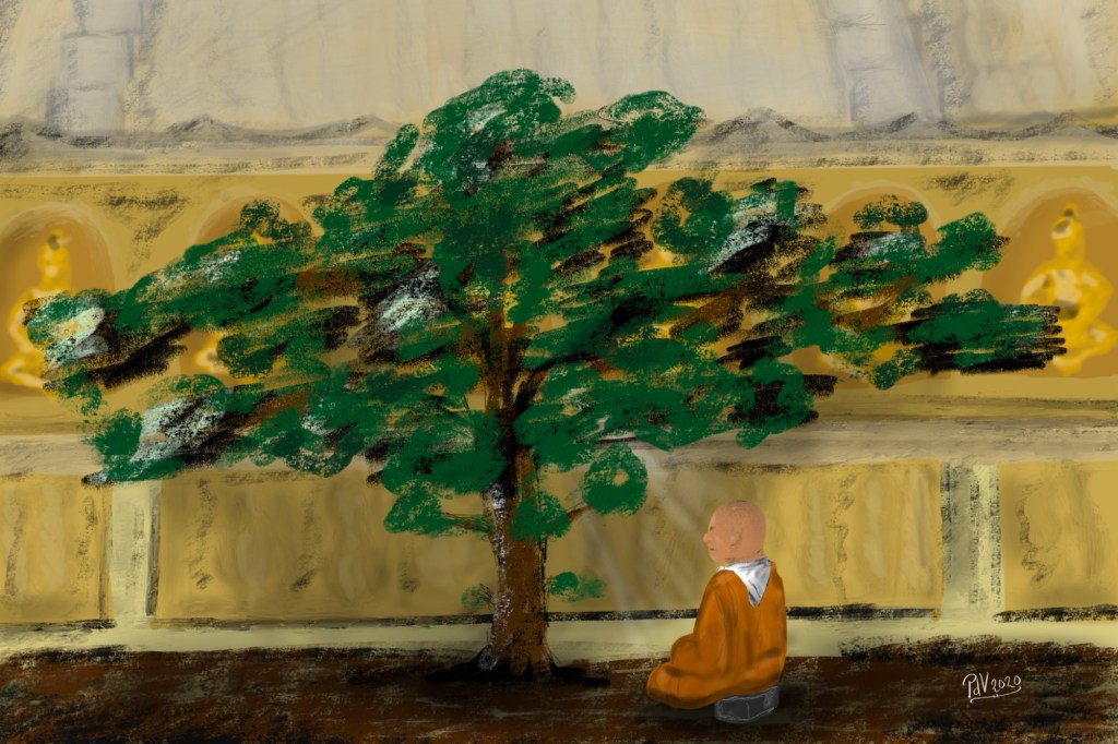 Monk meditating under a tree – a&nbsp;drawing